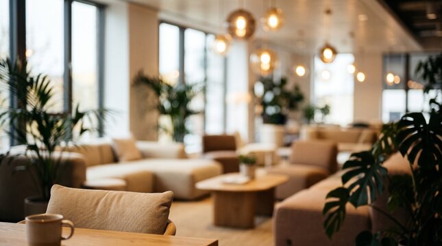 Modern lounge area with comfortable sofas and green plants in a bright cozy office