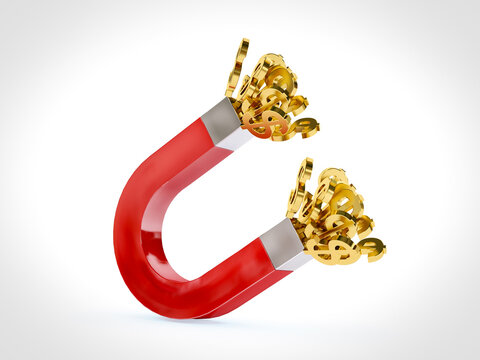 Red horseshoe magnet attracting golden dollar signs. 3D Rendering