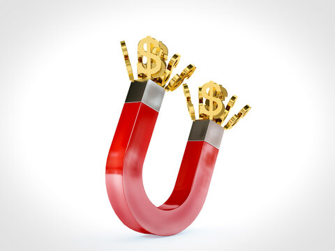 Red horseshoe magnet attracting golden dollar signs. 3D Rendering