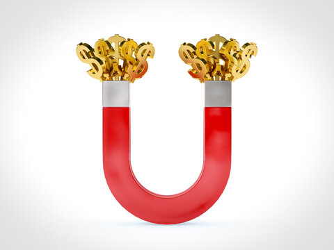 Red horseshoe magnet attracting golden dollar signs. 3D Rendering