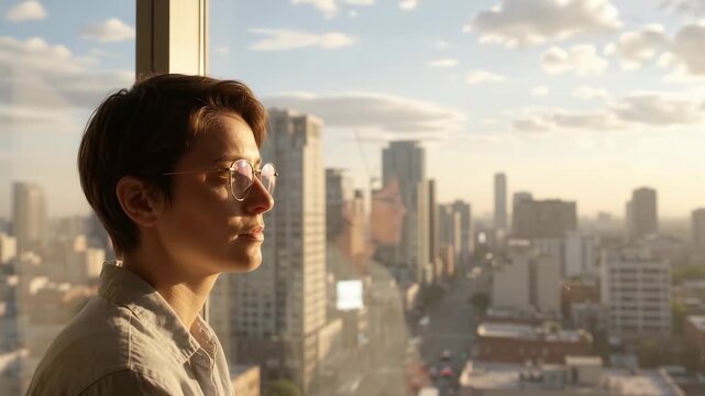 A person sits by a window wearing glasses while the city outside transitions from sunrise to sunset