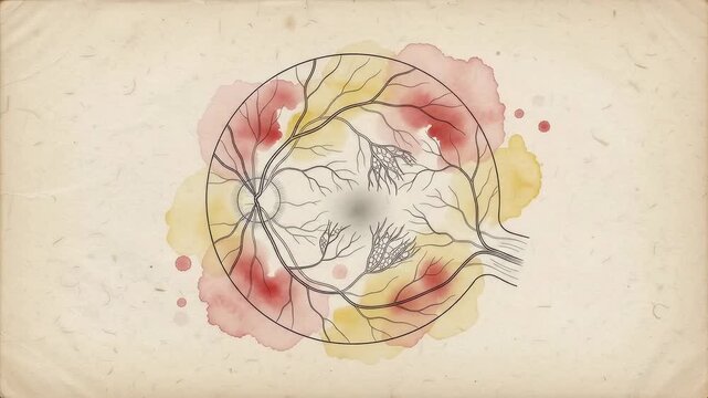 Fine-line drawing of the retina with diabetic changes, new abnormal vessels slowly drawn onto the retina stroke by stroke as if by an invisible pen