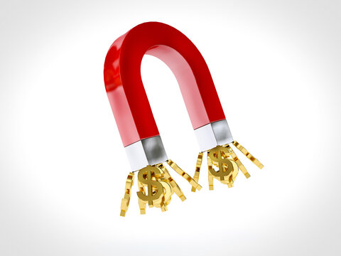Red horseshoe magnet attracting golden dollar signs. 3D Rendering