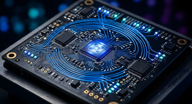 Microchip processor with glowing blue circuit traces
