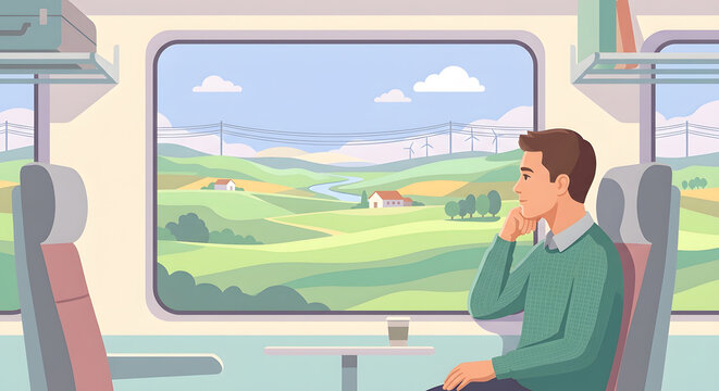 Man looking out train window at scenic landscape