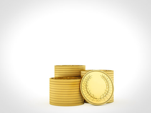 Gold Coin Columns and Standing Decorative Medal. 3D Rendering