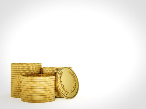 Stacks of Gold Coins with a Laurel Coin. 3D Rendering