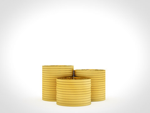 Three Stacks of Golden Coins. 3D Rendering