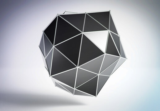 Abstract dark metallic polygonal sphere levitating. 3D Rendering
