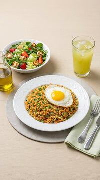 Prato de arroz frito com abobrinha e cenoura, ovo frito acompanhado de salada verde com queijo coalho e morangos, suco natural de abacaxi com hortel&atilde; sobre mesa de madeira 