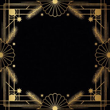 Golden Art Deco frame with stars and palm leaves on black background