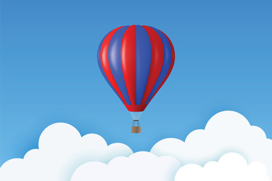 Hot Air Balloon in Blue Sky with White Clouds. 3d Vector Hot Air Balloon for Travel, Adventure and Tourism. Hot Air Balloon Vector Illustration with Red Blue Stripes, Cloud Background