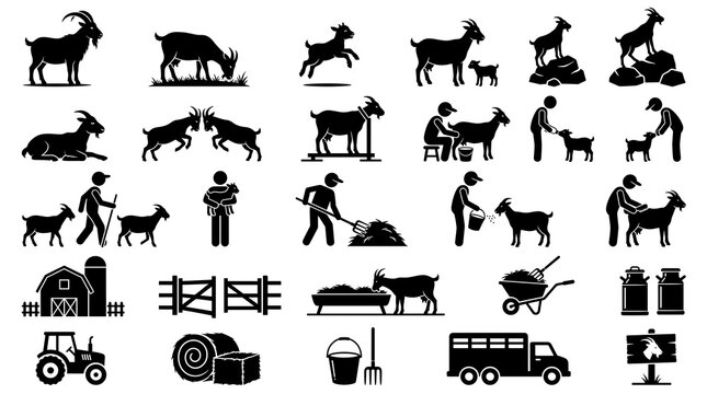 Goat farm silhouette icons set, livestock farming vector symbols, dairy goat breeding and agricultural clipart, black farm animal silhouettes