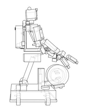 Technical line drawing of robotic arm. Vector