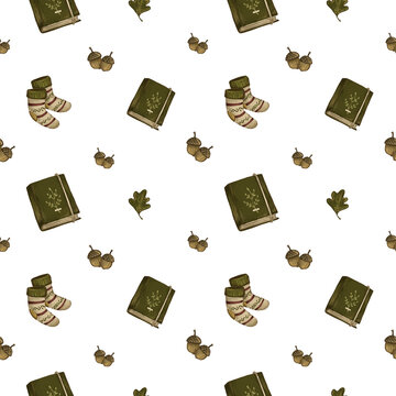 Seamless pattern of cozy books, wool socks, and acorns on white