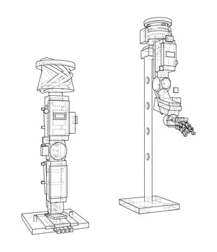 Mechanical limb assemblies in wireframe. Vector