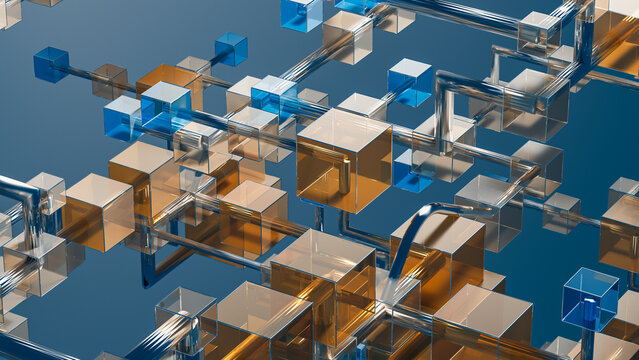 Connected Glass Cube Data Network in Blue and Amber