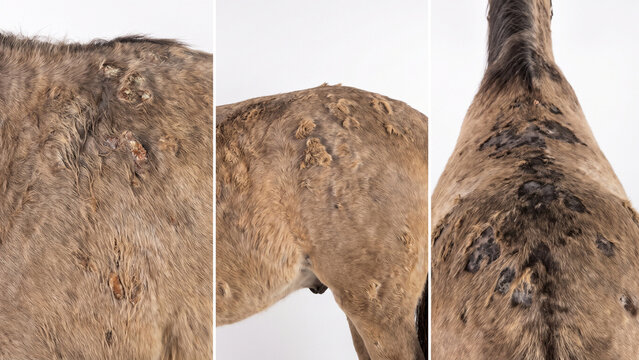 Horse fur with crusted skin lesions and raised papules is displayed across three detailed medical panels.