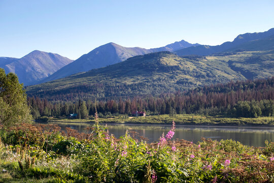 Mountains above a river on a sunny summer day near Soldotna,  Alaska.