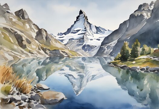 Beautiful Watercolor Painting of Matterhorn Mountain Reflection in Swiss Alps