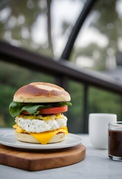 Healthy breakfast egg sandwich with melted cheese and fresh tomato