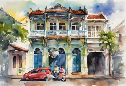 Watercolor painting of phuket sino portuguese old town street background