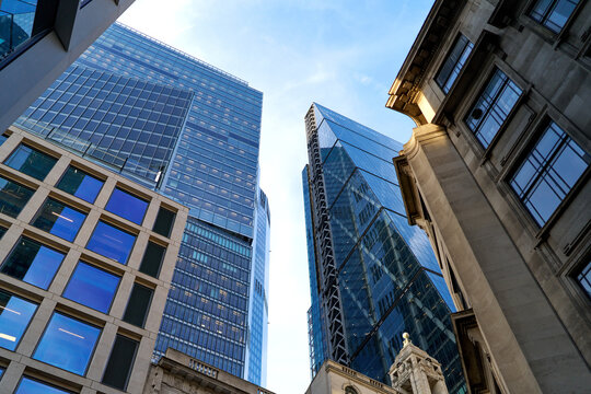 Glass Skyscrapers With Reflective Facades in Urban Financial District