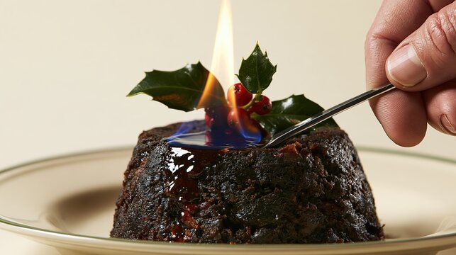 A rich chocolate pudding dessert topped with holly leaves, red berries, and a flaming tablespoon garnish on a cream-colored plate.
