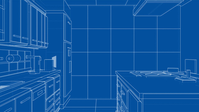 Kitchen interior blueprint illustration. Vector