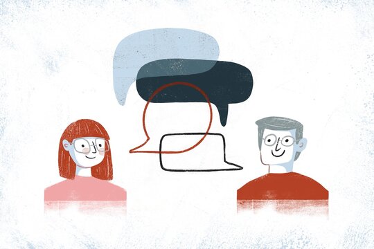 A man and a woman and speech bubbles between them