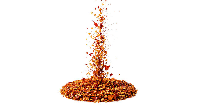 Crushed red chili flakes falling in motion, spicy dried pepper seasoning pile, aromatic hot paprika condiment for culinary cooking isolated PNG with Transparent Background