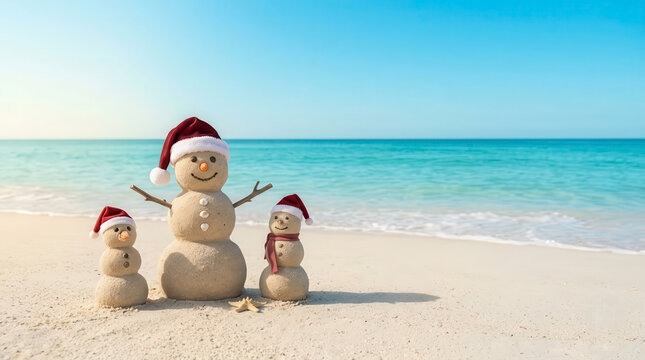 Merry Christmas holiday greeting featuring three cute sand snowmen wearing red Santa hats on a sunny tropical beach with turquoise ocean, golden sand and clear blue sky in a festive summer scene