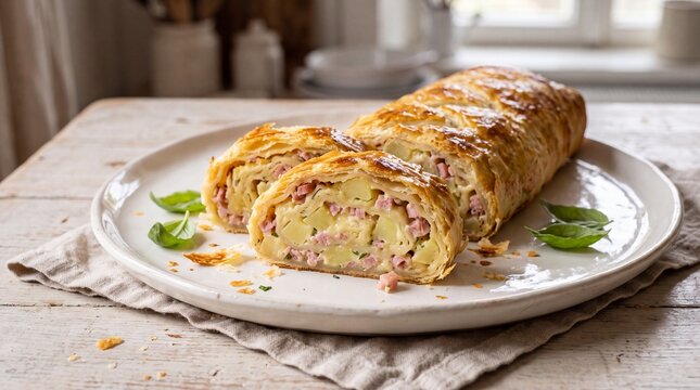savory potato and ham strudel sliced and served on a rustic ceramic platter