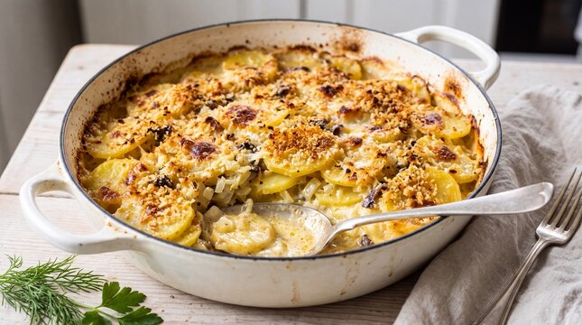 creamy potato gratin with a golden crispy breadcrumb topping in a ceramic baking dish