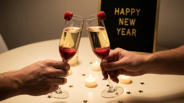 Happy New Year celebration featuring two hands clinking champagne glasses decorated with red berries, glowing candles, golden confetti and festive lettering in a warm romantic party setting