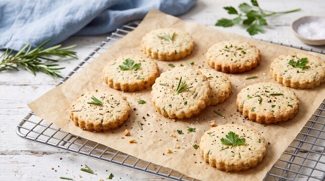 savory herb shortbread cookies garnished with rosemary and parsley on baking paper