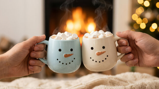 Cozy Christmas holiday scene featuring two hands clinking cute snowman mugs filled with hot chocolate and marshmallows beside a warm glowing fireplace with festive golden Christmas tree lights