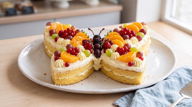 creative butterfly shaped sponge cake topped with whipped cream and mixed fruits