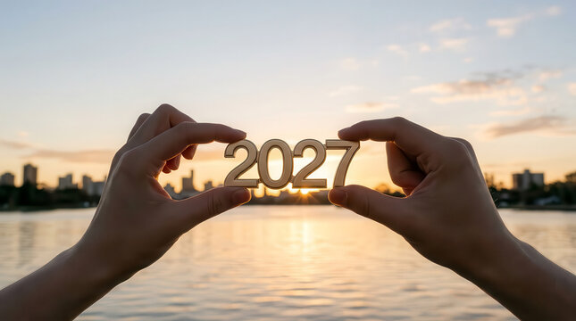 Happy New Year 2027 greeting image featuring hands holding golden year numbers against a warm sunset over water, with glowing reflections, distant city skyline and peaceful evening sky
