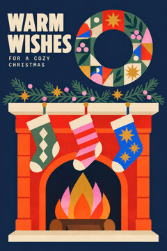 Warm Wishes for a Cozy Christmas greeting card featuring a colorful holiday wreath, glowing fireplace, three hanging stockings, festive greenery and bold lettering on a navy blue background