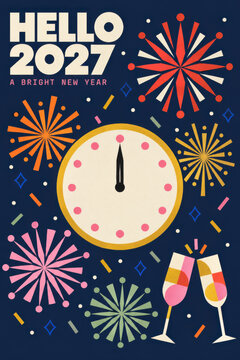 Hello 2027 Happy New Year greeting poster featuring a midnight countdown clock, colorful geometric fireworks, champagne glasses and festive confetti on a dark navy blue retro background
