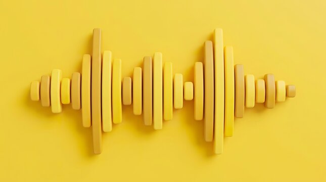An abstract vibrant visualization of a sound wave featuring rectangular blocks of different heights set against a bright solid yellow backdrop