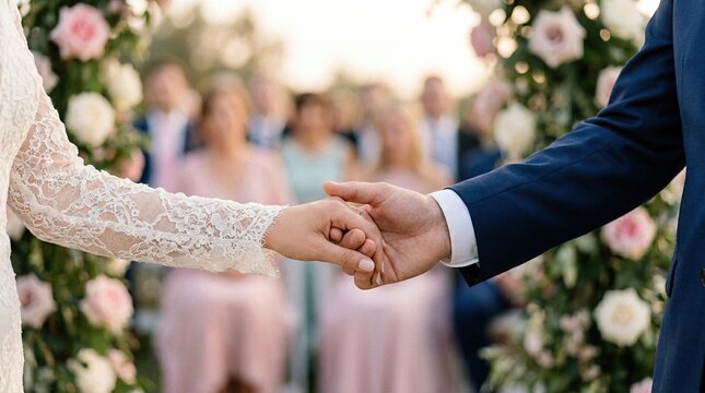 Elegant wedding ceremony with a focus on the couple s hands joining together symbolizing their love and commitment to one another
