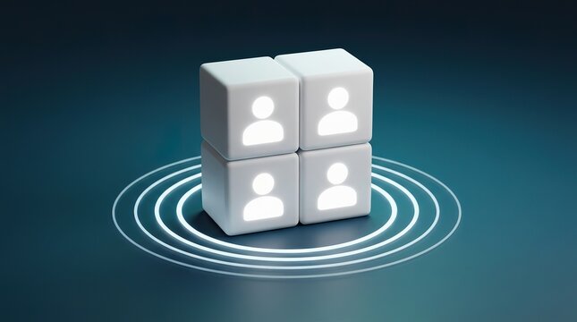 Four glowing server blocks representing data networking and cloud technology with a circular energy flow