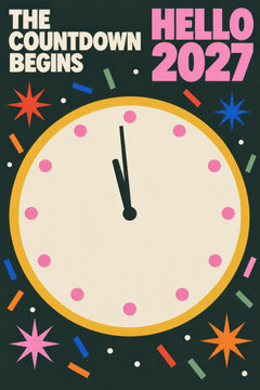 Hello 2027 Happy New Year countdown greeting poster featuring a large midnight clock, colorful confetti, sparkling stars and bold pink typography on a dark green retro geometric background