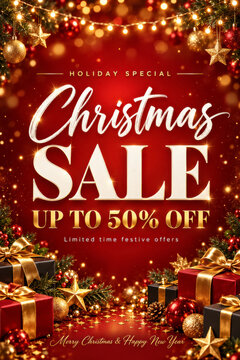 Christmas Sale up to 50% off festive promotional poster with elegant white lettering, golden fairy lights, wrapped gift boxes, pine branches and sparkling ornaments on a rich red background