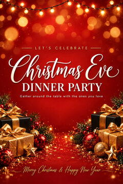 Christmas Eve Dinner Party invitation poster featuring elegant white calligraphy, golden bokeh lights, wrapped gifts, pine branches and festive ornaments on a rich red holiday background
