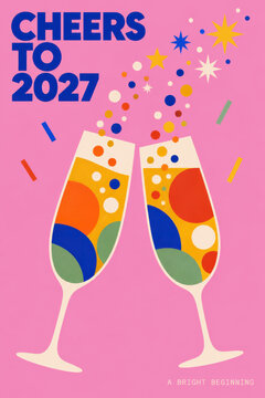 Cheers to 2027 Happy New Year greeting card featuring two colorful champagne glasses clinking with geometric bubbles, festive confetti and sparkling stars on a bright pink retro background
