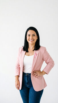 Woman smiling wearing pink blazer with ribbon