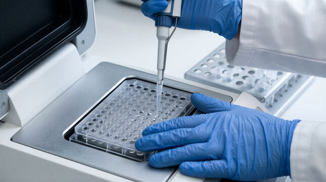 Molecular biologist hands in gloves pipetting DNA into a 96-well microplate in a thermal cycler with centrifuge tubes in a rack at a genetics laboratory, concept of genetic testing and medicine